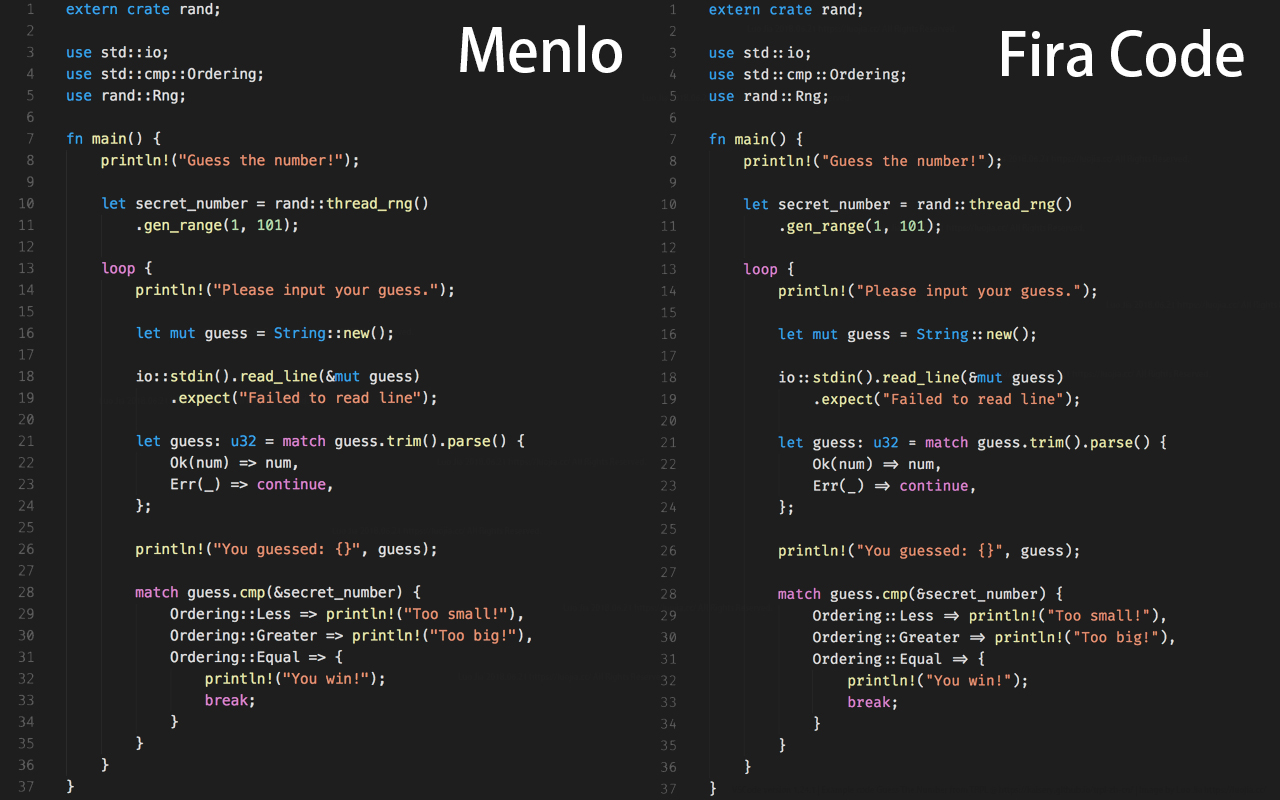 Menlo vs Fira Code @ VSCode